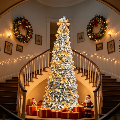 6 FT Snow Flocked Pop‑Up Artificial Christmas Tree, Pre‑Lit 100 Warm White LED Lights with 8 Lighting Modes, Pre‑Decorated Golden Ornaments & Bows, Collapsible Foldable Xmas Tree for Home Office Entryway Holiday Decoration