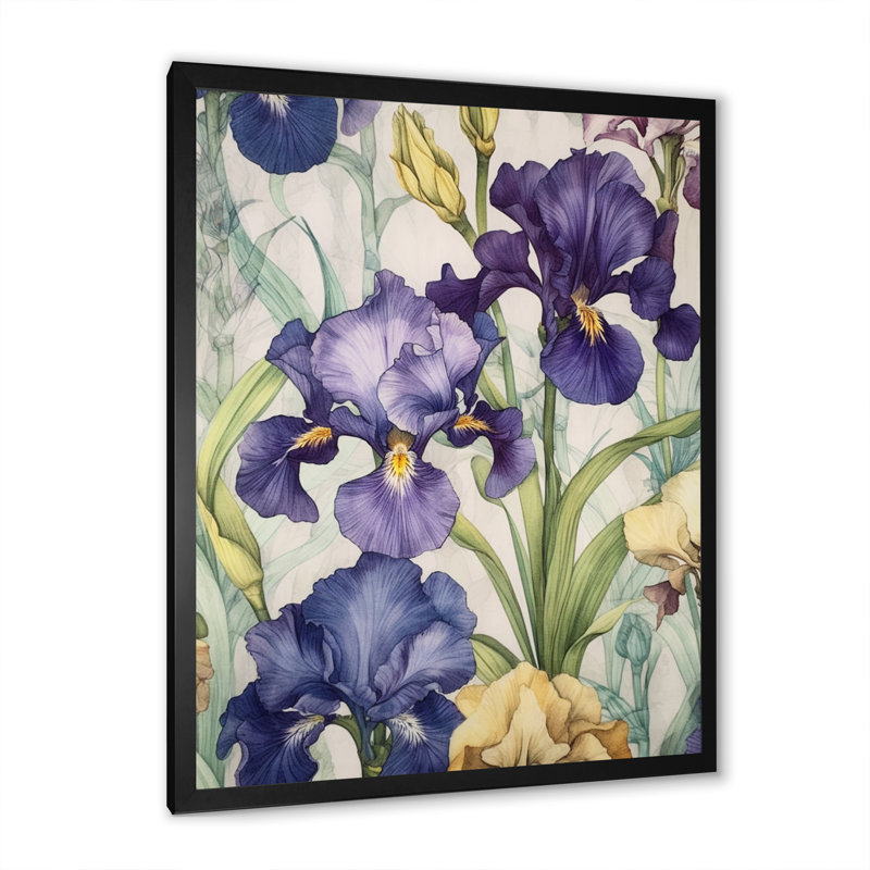 Impression mauve et verte de l'iris II sur toile, Cadre simple noir, H 44 po x l 34 po x P 1 po