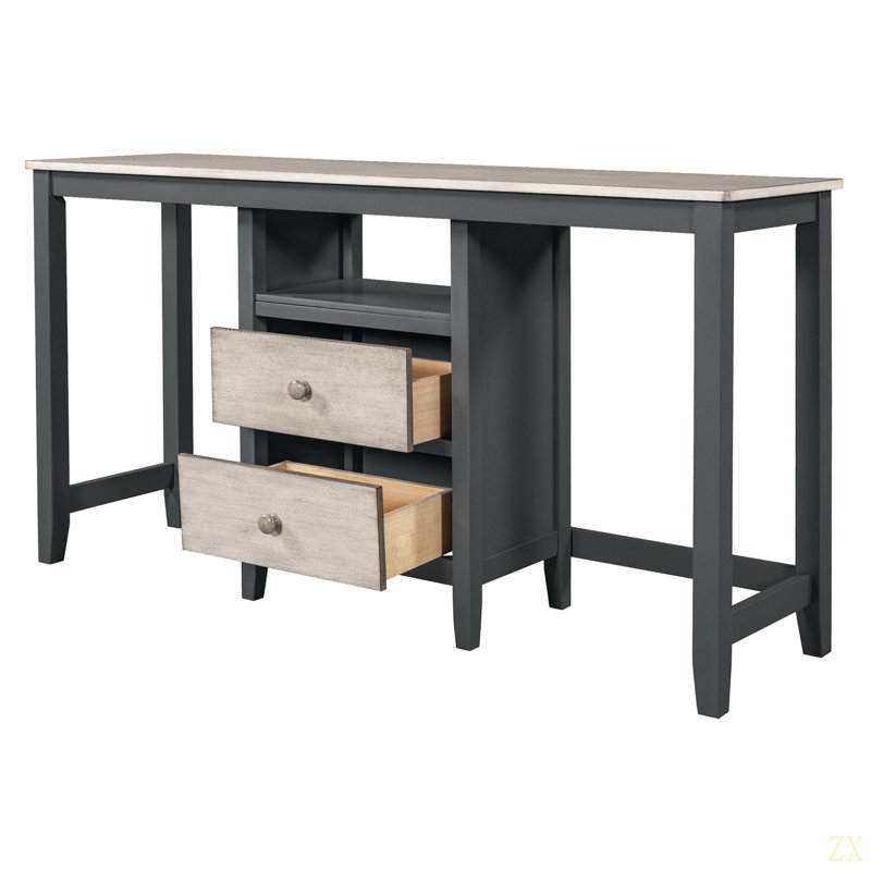Ensemble de table de salle à manger à hauteur de comptoir en bois 3 pièces avec armoire, 2 tiroirs de rangement et 2 tabourets Farmhouse Rustic