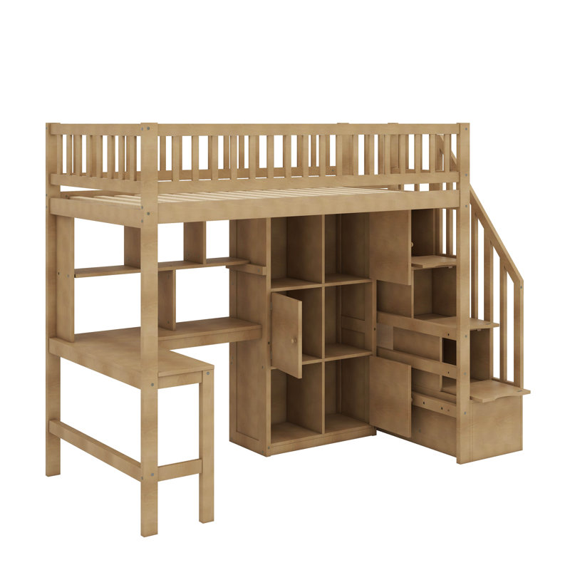 Lit surélevé simple en bois avec bureau intégré, système d'éclairage à DEL, tablettes de rangement et armoires, Walnut