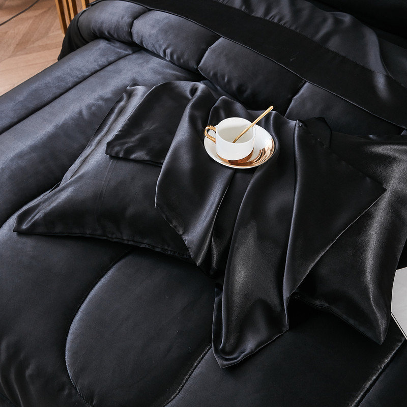 Ensemble d'édredon satiné avec draps pour grand lit 8 pièces Ensemble de literie soyeux noir avec housse de coussin, Noir
