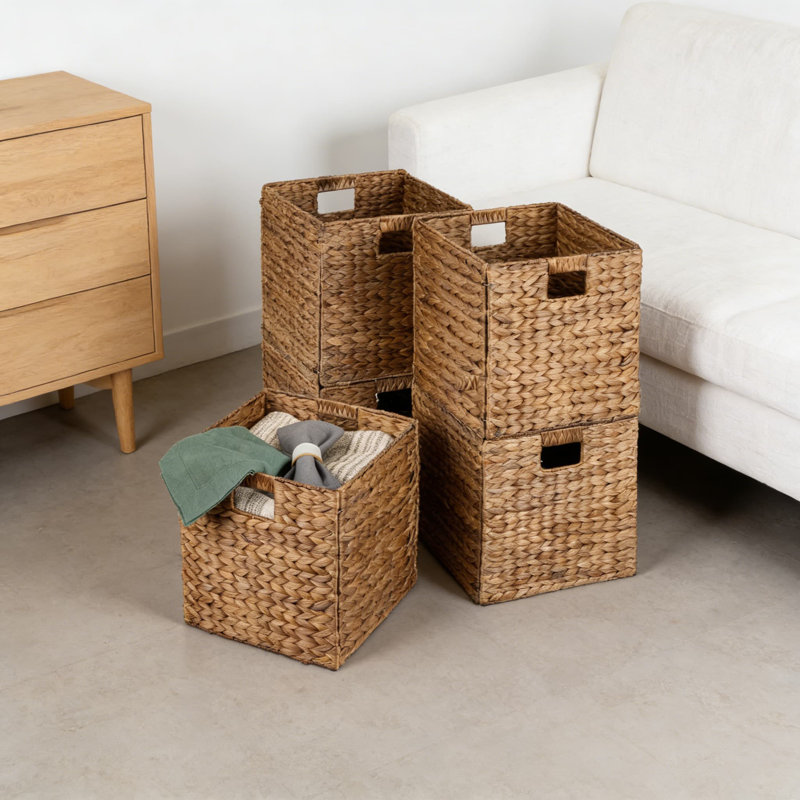 Set Of 5 Handwoven Hyacinth Storage Baskets, Cube Organizers For Laundry, Toys, And Home Organization, Multipurpose Foldable Bins With Cut-Out Handles