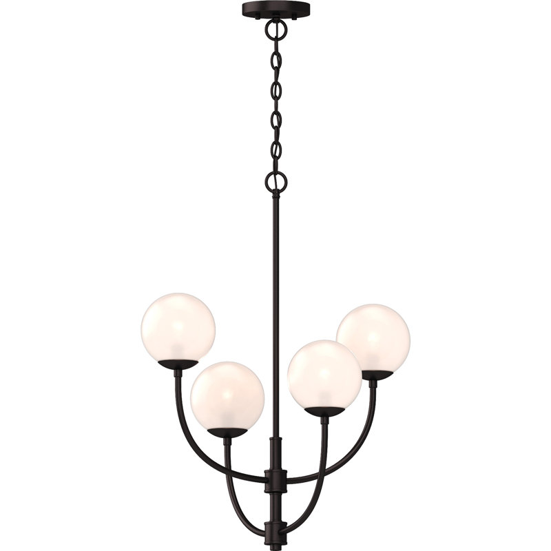  V2054-65 Lawrence 4-Light Foundry Bronze 4-Light Indoor Foundry Bronze Candle-Style Hanging Chandelier with Round/Sphere/Globe/Orb Etched White Cased Glass Shades