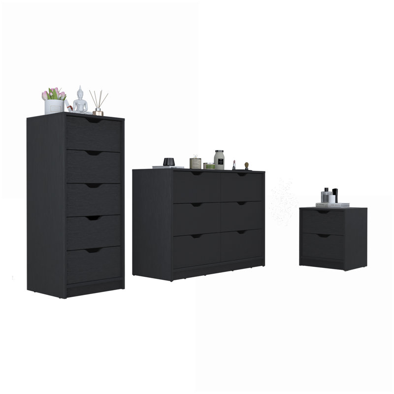 Ensemble de chambre à coucher 3 pièces - Table de chevet + Commode + Curio | Peu encombrant | Noir | Bois d'ingénierie