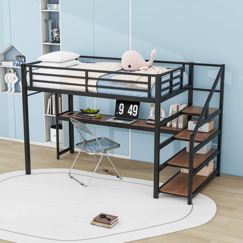 Loft Bed with Desk, LED Lights, and Storage Stairs, Twin XL