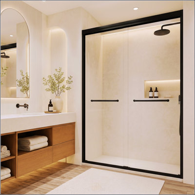 44-48" W × 72" H Glass Shower Door, Aluminum Frame Double Sliding Shower Door, "5/16 (8mm) Clear Tempered Glass, Stainless Steel,Matte Black