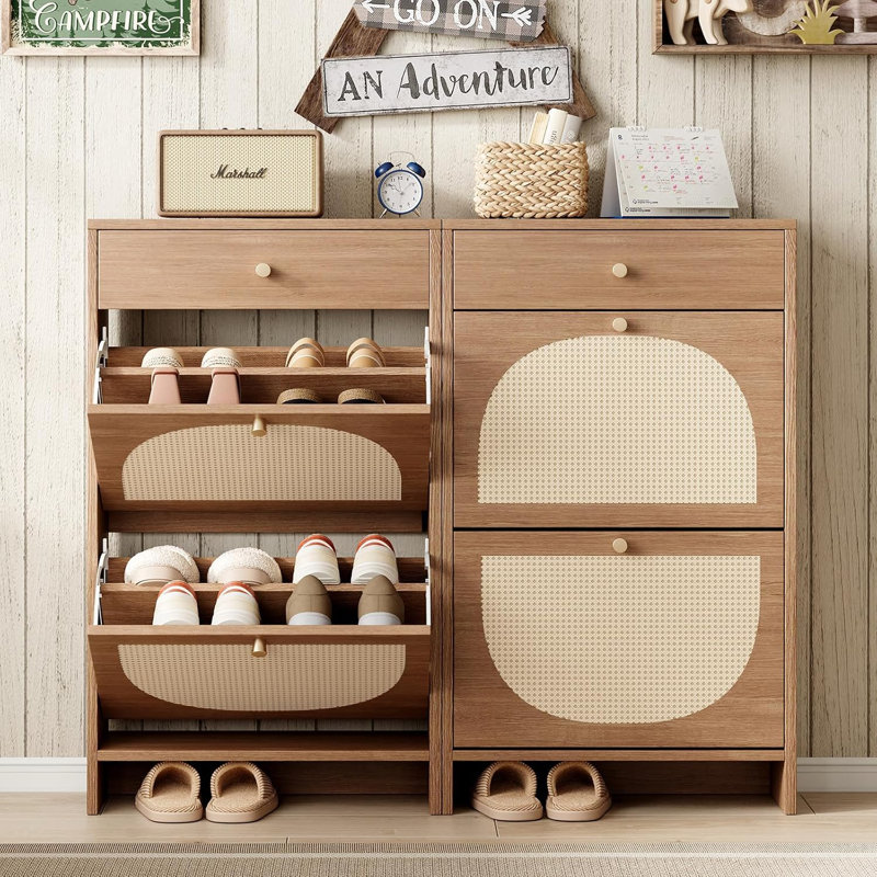 Shoe Storage Organizer with 2 Flip Drawers and 1 Drawer, Freestanding Fluted Accent Narrow Shoe Rack, Farmhouse Shoe Cabinet with 3-Tier Adjustable Shelves for Hallway Foyer Rustic