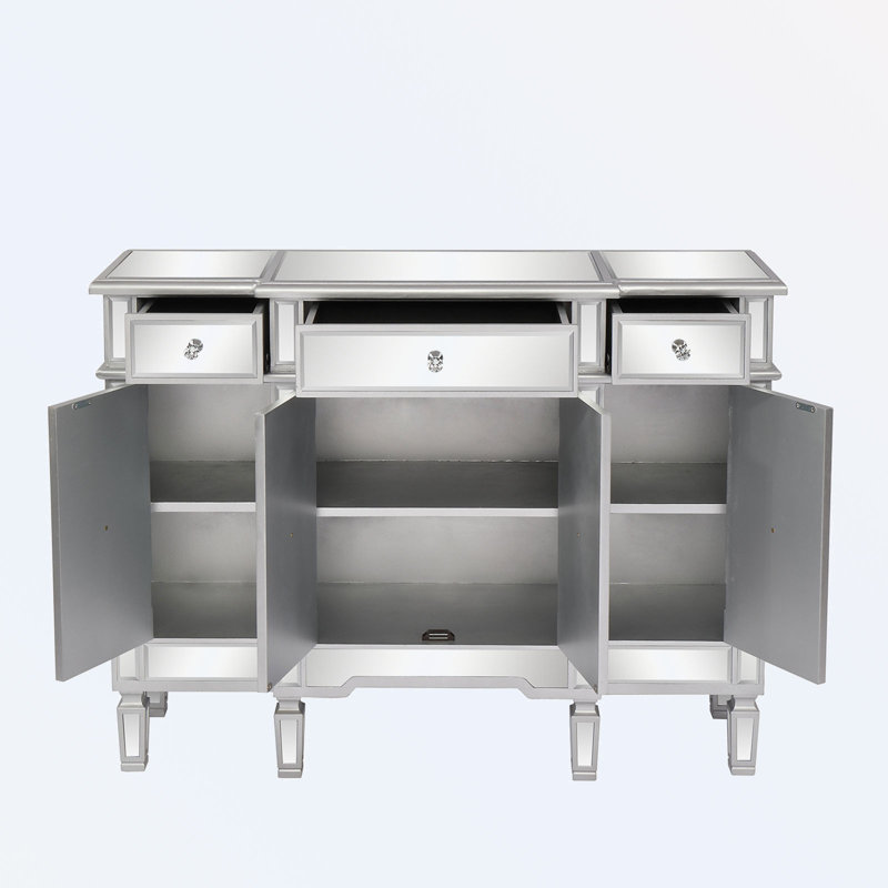 Console avec 3 tiroirs et 4 portes, porte en X en miroir MDF argenté