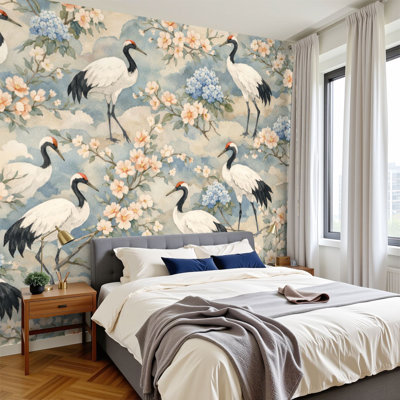Peel and Stick Wallpaper Elegant Crane Cherry Blossom Blue Floral Accents Wall Murals 100"H x 144"W Removable PVC Wall Paper Self-Adhesive Wall Decor for Bedroom Living Room Home Office