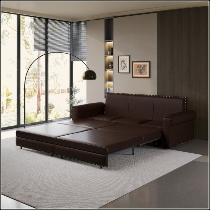 Chesterfield Sofa,93.7" King Pull Out Sofa Bed, 3-In-1 Faux Leather Convertible Sleeper Sofa With Nailhead Trim & Rolled Arm,Multi-Functional Sofa Bed For Living Room,Bedroom,Apartment,Office
