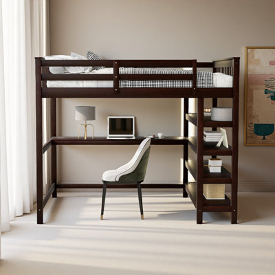 Lit mezzanine double avec tablettes de rangement et bureau sous le lit