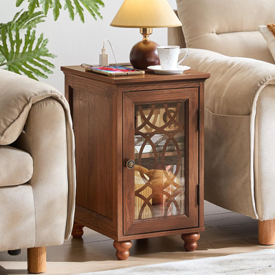 Table d'appoint étroite avec station de charge, ensemble de 2, table de chevet avec porte en verre, tables de bout de chevet avec armoire de rangement à tablette réglable, table de chevet en bois pour les petits espaces