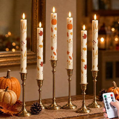 6 Pack Fall Printed Flameless Taper Candles, Battery Operated LED Candlesticks with Remote Timer for Thanksgiving Autumn Table Decor