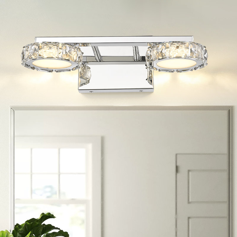 Luminaire de salle de bain moderne à 2 lumières DEL intégré en cristal avec abat-jour en cristal facetté, finition chromée