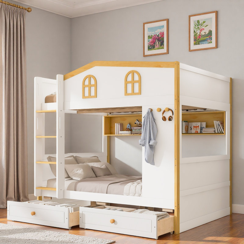 Lit superposé avec garde-corps en forme de maison, tablettes de rangement et tiroirs, Simple sur simple