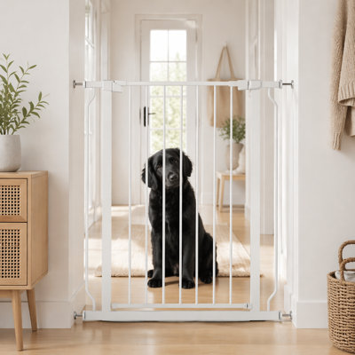 40.55"Tall Adjustable Pet Gate - Pressure Mount Metal Safety Barrier, Auto-Close, Extensions for Wide Doorways White