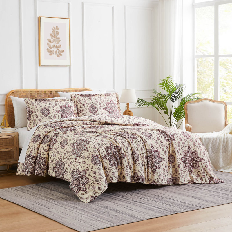 Ensemble de housse de couette Persia, Housse de couette pour grand lit et 2 taies décor,  Aubergine mauve
