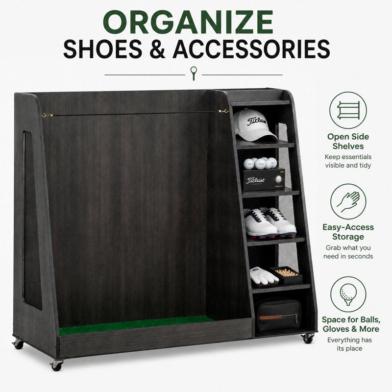 Support de rangement en bois pour golf avec 5 tablettes et 3 compartiments à sacs, Gris