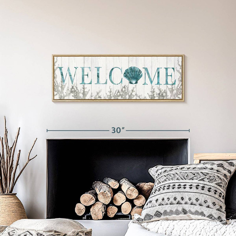Plaque murale «Welcome Shell», Cadre flottant en bois naturel, 28 po x 10 po