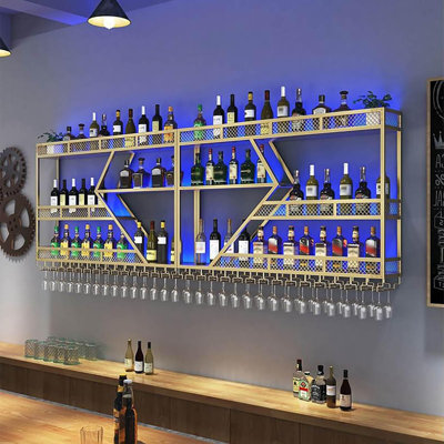 Wall Mounted Wine Rack, Large Metal Wine Bottle Holder, Modern Fashion Diamond Shaped Floating Bar Unit Wine Storage Shelves, For Home Restaurant Bars Decor (Gold, 3 Tier - 79In)