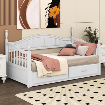 Lit de jour simple en bois avec lit gigogne simple Allysse et deux tiroirs de rangement