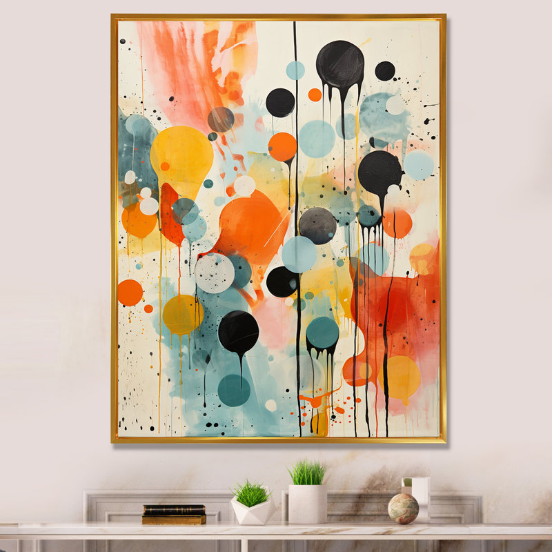 Abstraction atomique colorée du milieu du siècle I sur toile, H 20 po x l 12 po x P 1 po, Cadre flottant doré