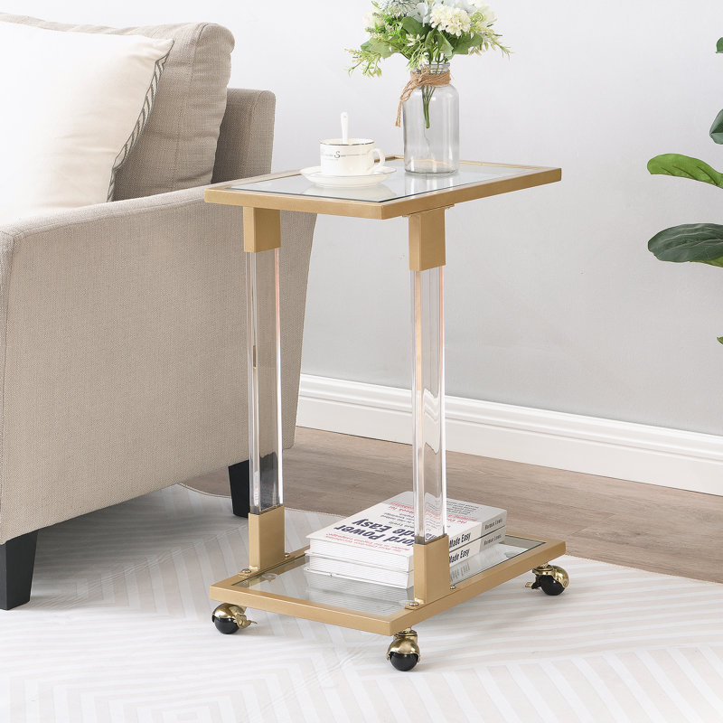 Acrylic Sofa Table, Glass Top C Shape Square Table with Metal Base