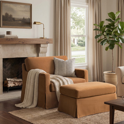 Cario 44"W Farmhouse Slipcovered Oversized Armchair with Ottoman (Set of 2)