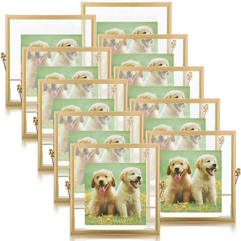 12 Pack 4 X 4 Inch Floating Frame Glass Photo Frame Collection Vintage Metal Minimal Ornate Easel For Pictures Photos Desk Tabletop Display (Gold)