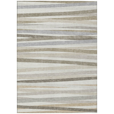 5' X 8' Ivory Striped Washable Indoor Outdoor Area Rug