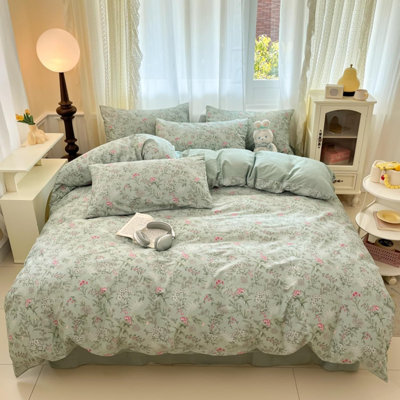 Flowers Bed Linen Green Pink Floral Leaves Plants Bedding Sets Microfiber Floral Pattern Turn Bed Cover