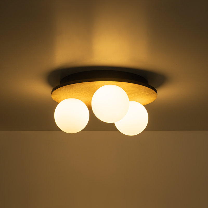 3-Light Glass Goble Wooden Round Flush Mount, Milk White