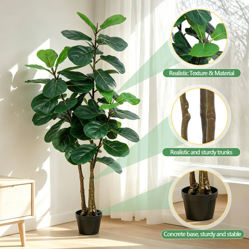 Figuier lyre artificiel de 1,5 m avec pot – Faux Ficus lyrata réaliste pour la décoration du salon, du bureau et de l'entrée