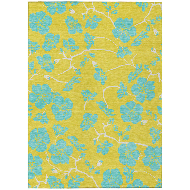 Tapis extérieur lavable floral jaune et turquoise 5 pi x 8 pi