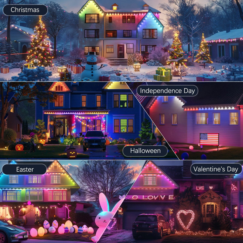 Permanent Outdoor Lights For House, Smart RGB LED Lights Outside With 16 Million DIY Colors, IP67 Waterproof Eaves Lighting For Christmas Halloween Holiday Daily Decorations