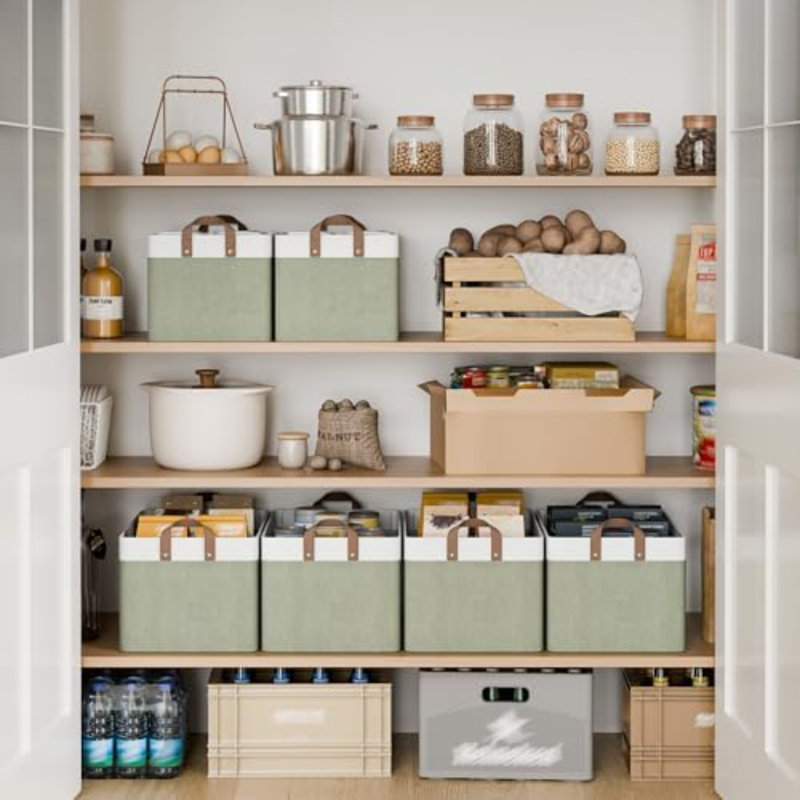 Storage Bins, Fabric Storage Bins For Shelves, Extra Large Storage Baskets With Metal Frame, Closet Baskets And Bins With Handles, Jumbo, Green And White, 2-Pack