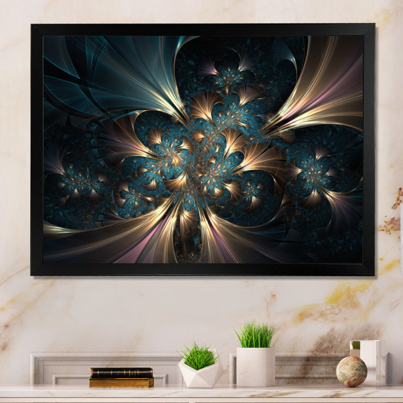 «Gold and Blue Fractal Reverberations I», reproduction d'art sur toile, H 12 po x l 20 po x P 1 po, Cadre photo noir