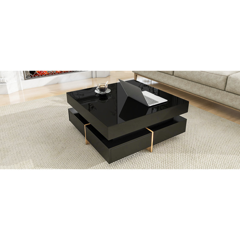 Table basse moderne à haute brillance avec 4 tiroirs, table basse carrée multi-rangement avec pieds en grain de bois, table centrale