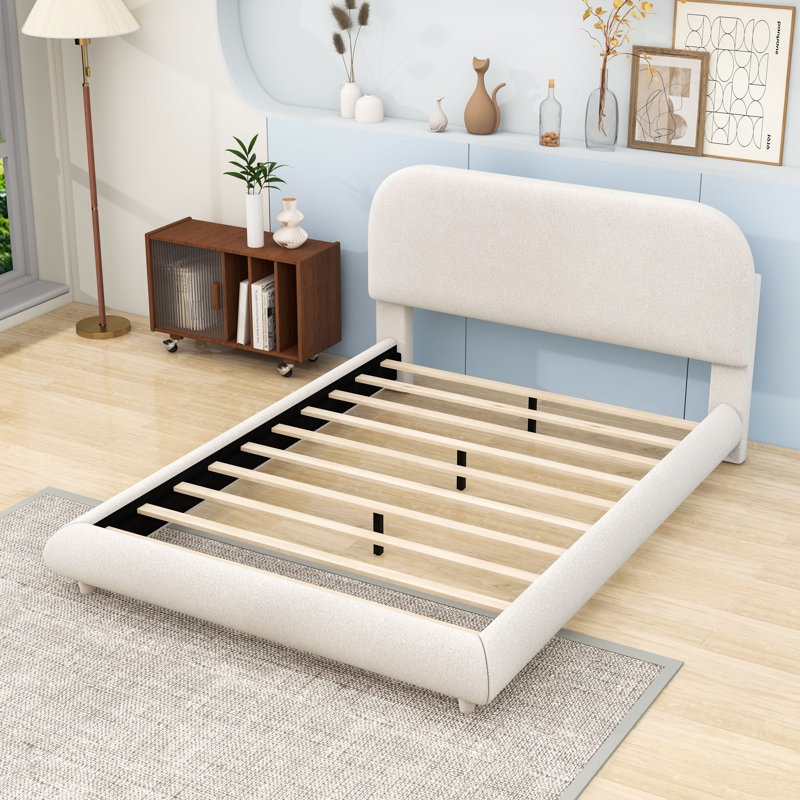 Teddy Fleece Upholstered Platform Bed with Curve-Shaped Design and Slats, Full, Beige