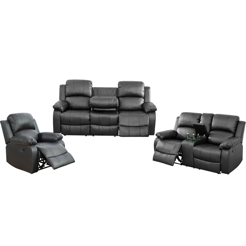 Ensemble de canapé de salon inclinable 3 pièces, Noir