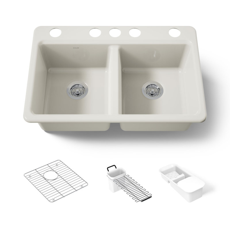 Riverby 33" x 22" x 9.625" Under-Mount Double-Equal Kitchen Sink with Accessories and 5 Oversized Faucet Holes, Biscuit