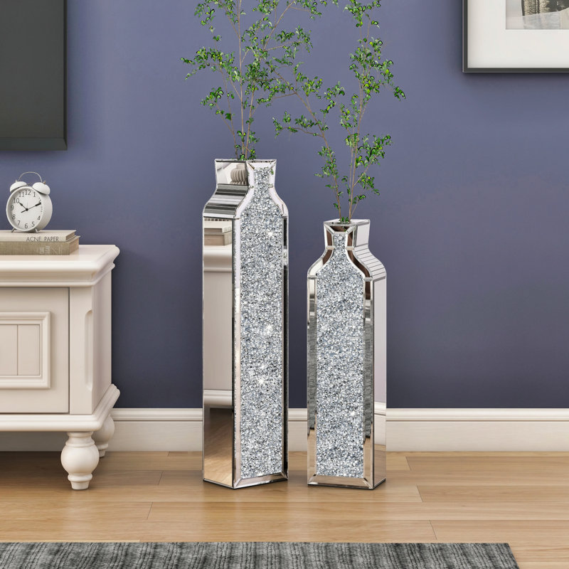 DeGrailly Large Glass Floor Vase Crushed Diamond for Living Home Decor (Set of 2), 30"