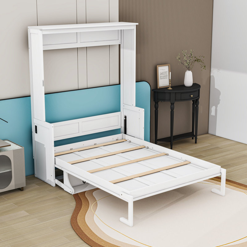 Grand lit escamotable avec bureau, lumières DEL et charge USB, Blanc