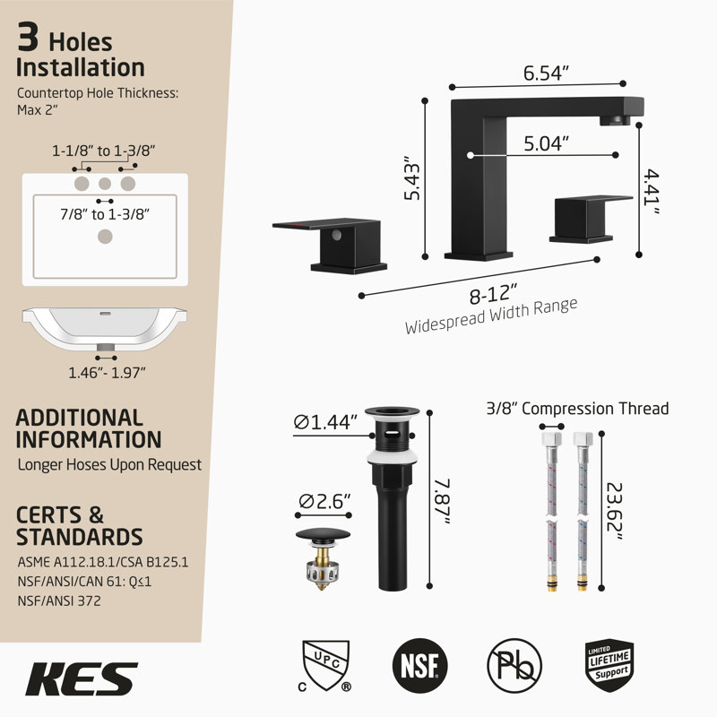 Robinet de lavabo de salle de bain KES avec tuyaux d'alimentation et 2 poignées avec bonde noir mat KES, Noir mat