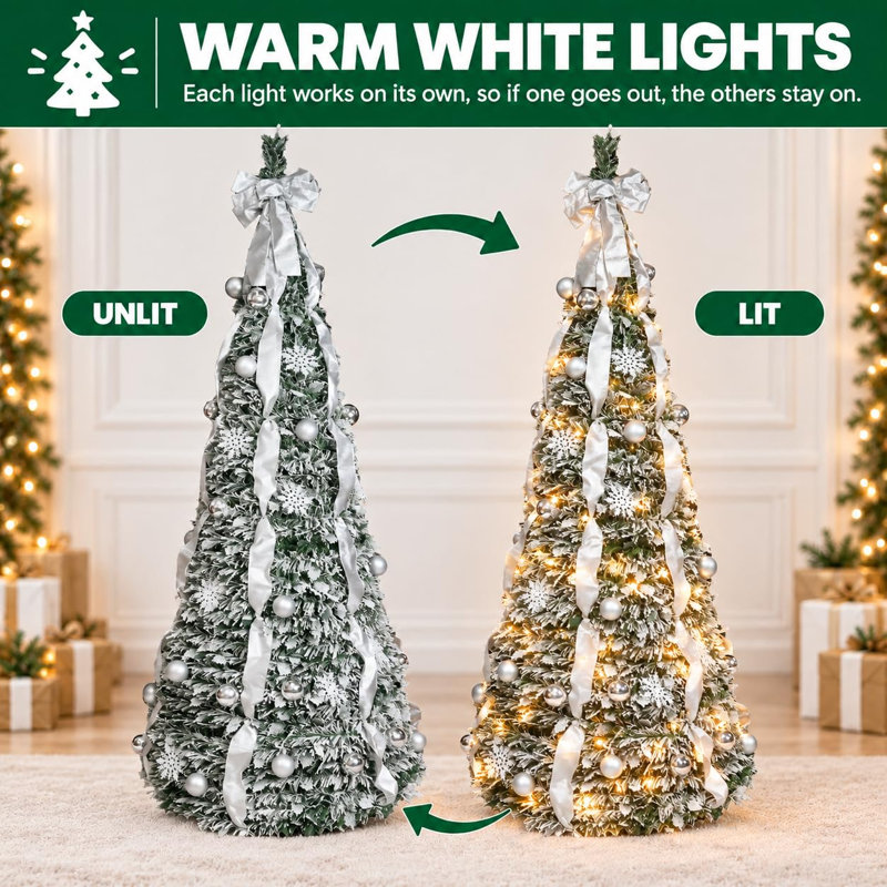 Sapin de Noël pliable de 1,80 m avec lumières, sapin de Noël pliable préilluminé recouvert de neige floquée avec des lumières chaudes, sapins de Noël pliables décorés pour les fêtes et les décorations de Noël