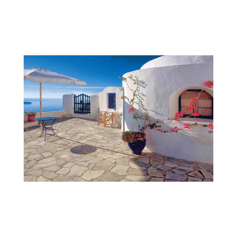 Greece, Santorini, Oia. House Balcony With Ocean View. by Jaynes Gallery - Wrapped Canvas Print