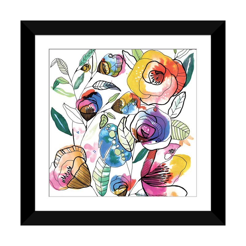 « coloured fleurs », reproduction sur toile, H 16 po x l 16 po x P 1 po, Papier beaux-arts encadré noir, Blanc