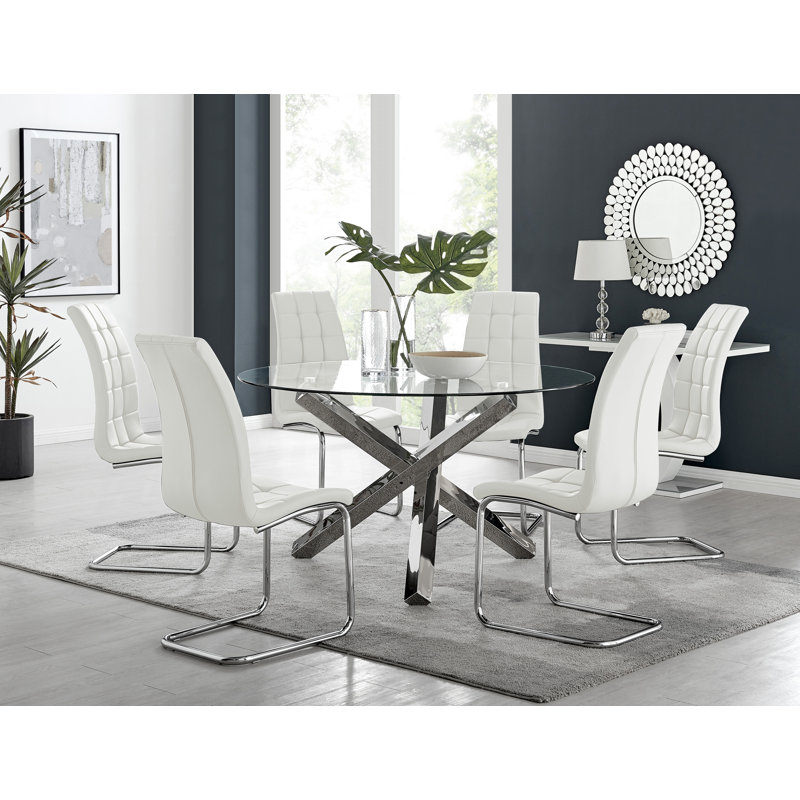 Vogo Modern Design Chrome and Glass Dining Table Set with 6 Modern Faux Leather Dining Chairs, White/Silver