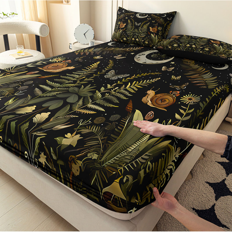 Orylavena Forest Moon and Fern Fitted Sheet Set, Botanical Snail and Moth Microfiber Bedding with White Backside, Full , Digital Print, No Pillow Insert Included