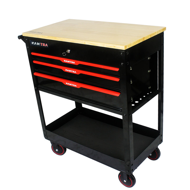 3 Drawers Multifunctional Tool Cart With Wheels And Wooden Top